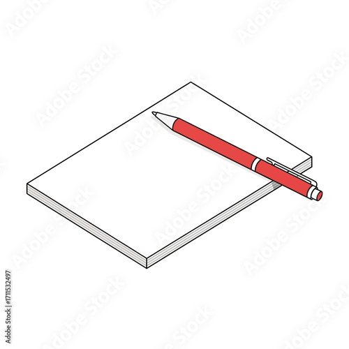 Isometric view of a notepad and pen.