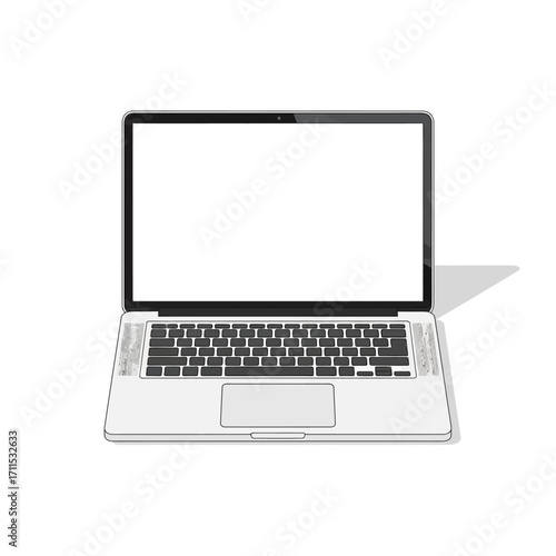 Front view of a modern silver laptop computer with a blank white screen, isolated on a white background.