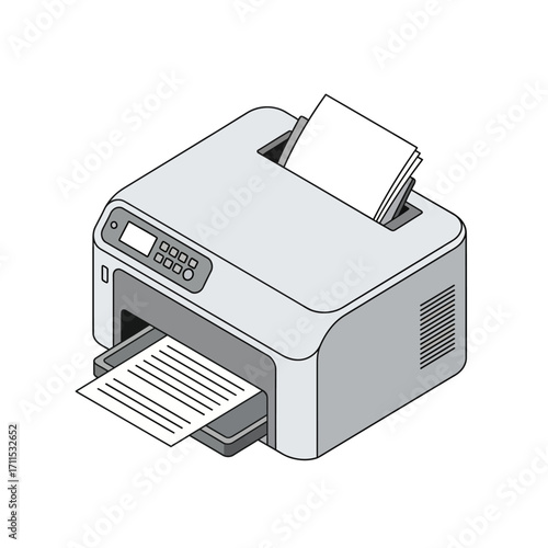 Isometric illustration of a gray office printer with paper being fed and printed pages emerging from the output tray.