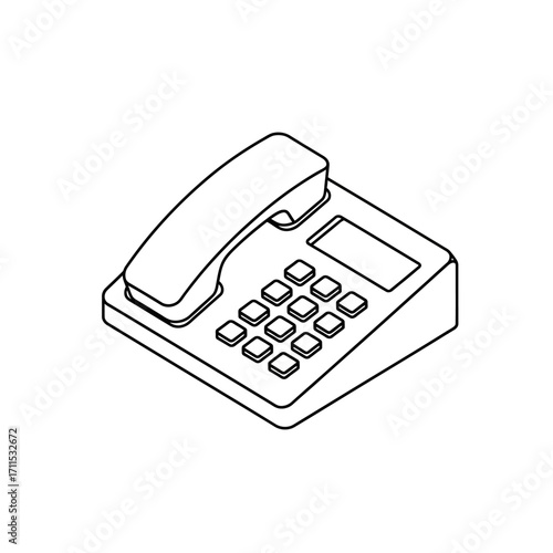 Isometric line drawing of a corded telephone with a keypad and handset.