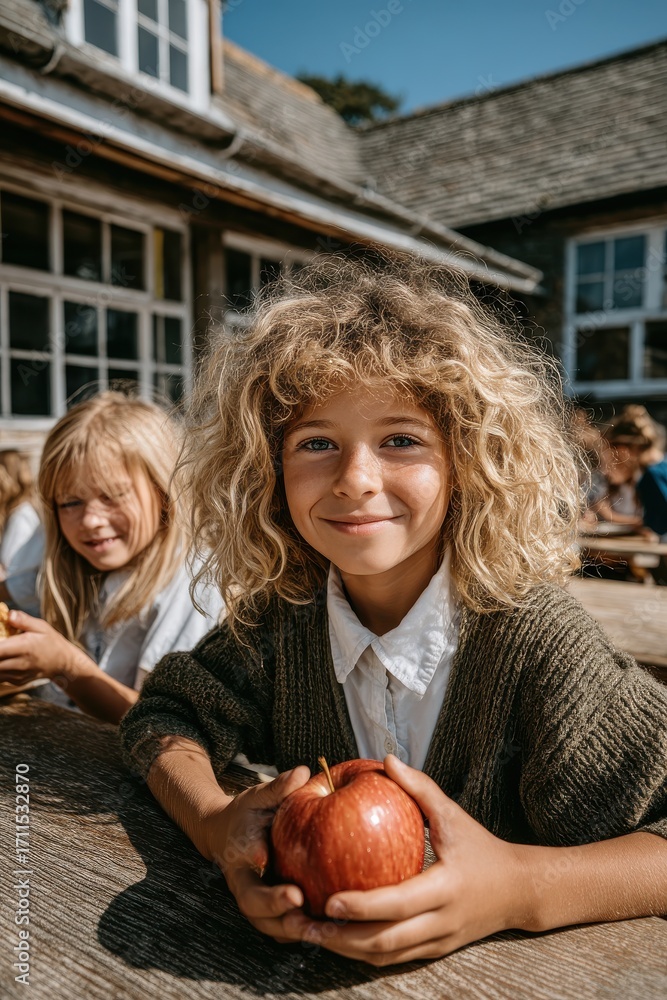 Fototapeta premium Smiling girls outdoors with an apple on a sunny schoolyard day
