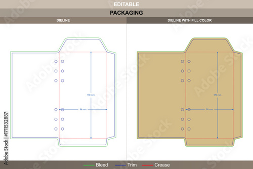 Letter envelope dieline in custom dimensions, editable stationery carton packaging template with folding structure, printable design layout, and accurate die line marks
