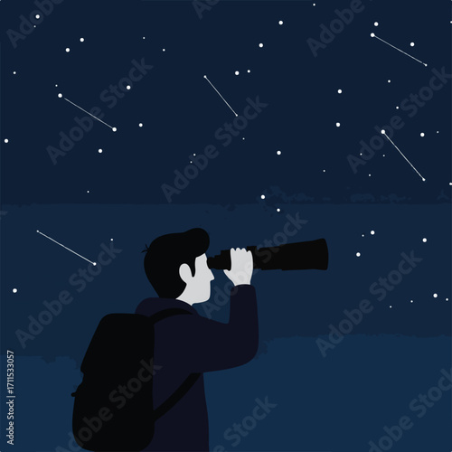 Person with backpack looking through telescope at star-filled night sky and dark landscape