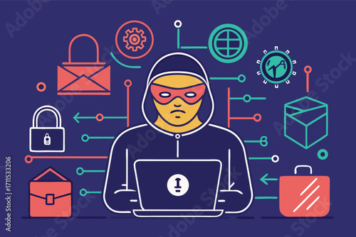 Cybersecurity threat depicted by hacker sitting at a laptop with symbols of data breach and online security
