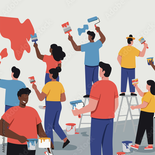 Diverse group painting a wall with brushes and rollers, adding vibrant colors and creativity