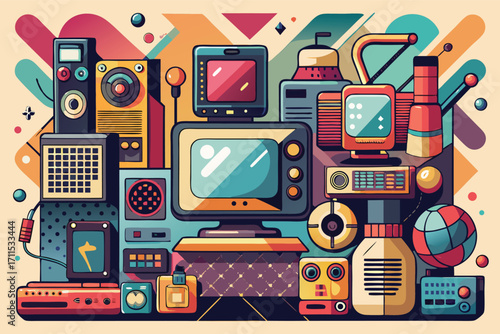 Colorful retro technology display featuring various vintage gadgets and electronics in a playful arrangement