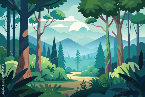 Scenic view of a lush forest path with mountains and a rising sun in a peaceful morning setting