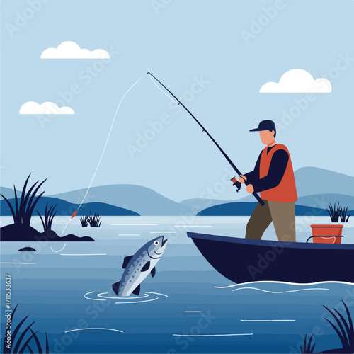 Angler reels fish from boat, scenic background, flat illustration in cool blue and neutral tones
