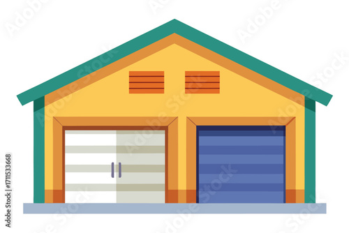 Colorful garage with two doors in modern design located in a suburban area on a sunny day