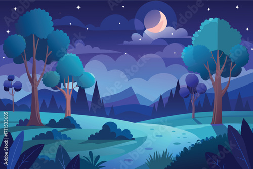 Peaceful night landscape with moon and stars over serene hills and trees