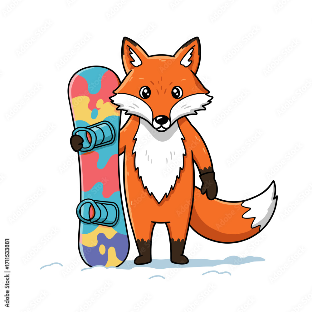 Fototapeta premium Cartoon fox with snowboard standing on snow, wearing gloves and smiling playfully.