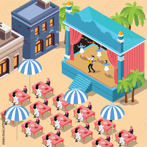Isometric 3d concept illustration of enjoying acoustic music performance on Music Event stage with dancing and happy people enjoying music