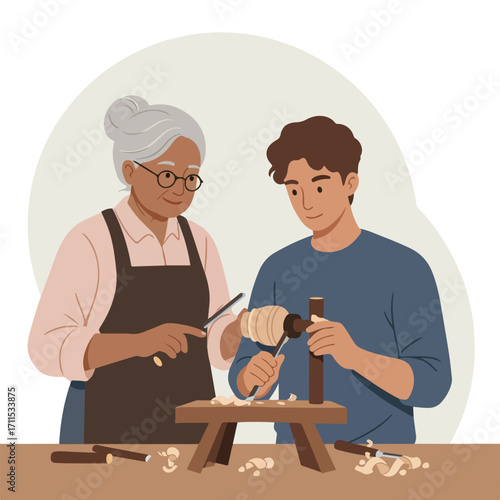 Woman teaches young man woodturning on a lathe, crafting detailed wooden piece with tools