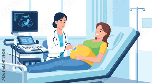 Adobe illustrator artwork vector illustration. A smiling pregnant woman on an examination bed receives an ultrasound from a female doctor, with medical equipment in the background
