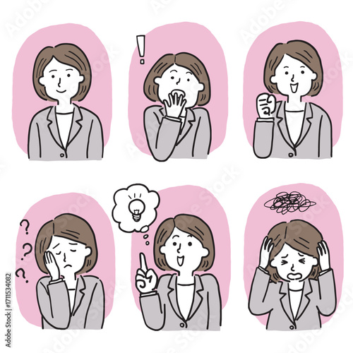 スーツを着た女性会社員の色んな表情の６点セット