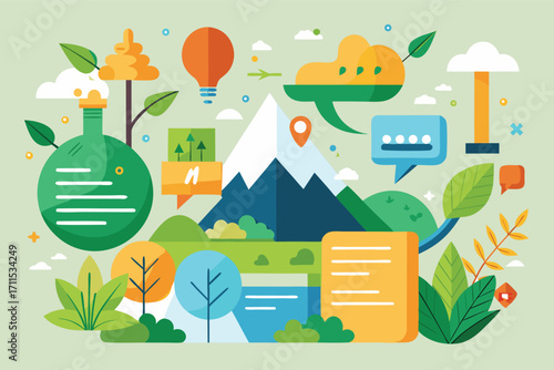 Scenic mountain landscape with vibrant nature elements and communication icons illustrating outdoor activities