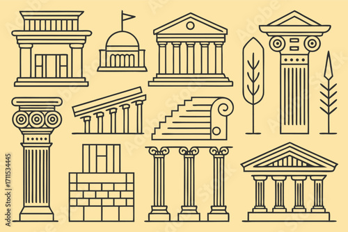 Collection of ancient architecture drawings featuring columns, buildings, and structural elements