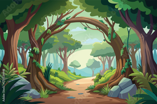 Serene forest path with arching trees and lush greenery inviting exploration and adventure