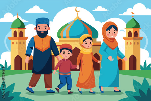 Family enjoying a sunny day near a mosque with colorful domes in a vibrant park setting