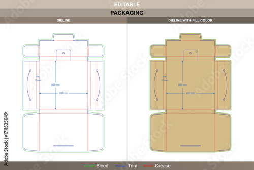 Saw blade tray box dieline in custom dimensions, editable carton packaging template for stationery design with folding layout, printable mockup, and detailed die line