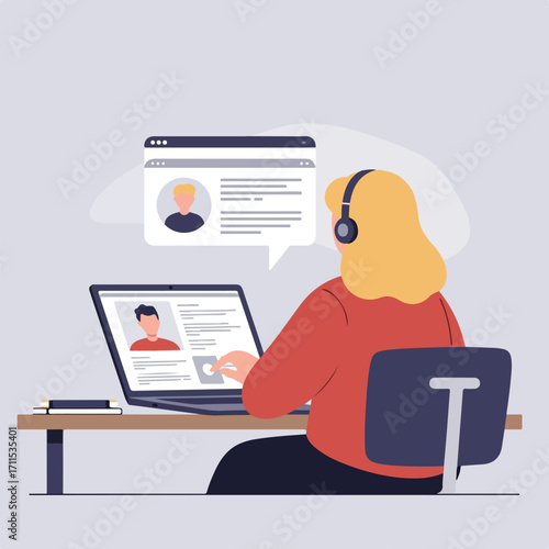 Woman with headset working remotely using laptop, social media icons above head