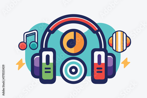 Colorful headphones and musical notes creating a vibrant soundscape design for music lovers and enthusiasts