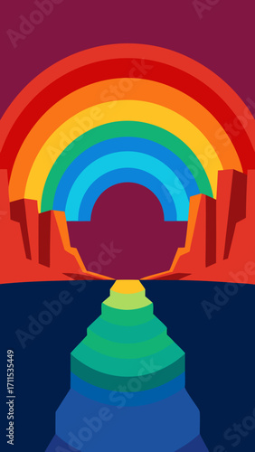 surreal mirrored canyon cliffs glowing rainbow halo