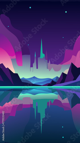 surreal mirrored canyon horizon glowing aurora light