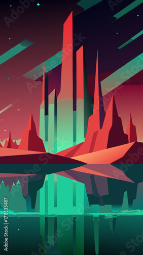 surreal mirrored desert cliffs glowing aurora light