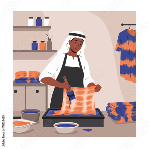 Artisan in a keffiyeh dyes fabric with blue paint, with more dyed pieces stored nearby