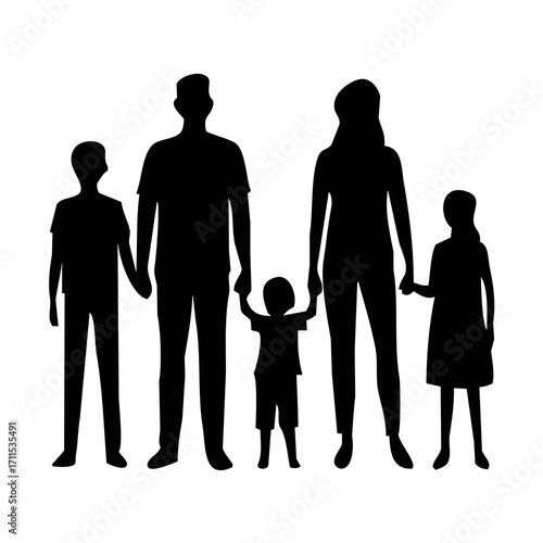 A silhouette illustration of a happy family of five standing together and holding hands