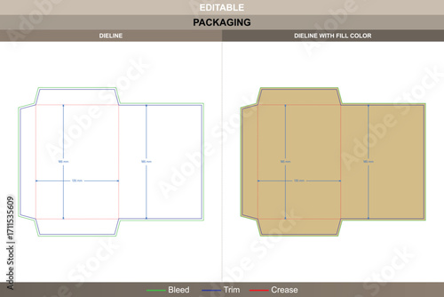 Three side envelope dieline for sealed wrap packaging, editable stationery template with folds, vector mockup design, and professional printable die line included
