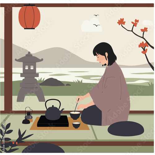 A woman in kimono sits, stirring a bowl in a serene Japanese interior scene
