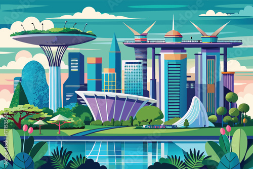 City skyline of modern architecture at dusk showcases innovative designs and lush greenery