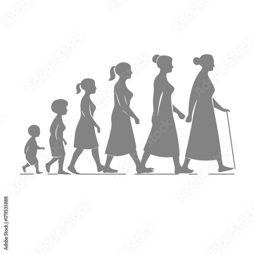 conceptual illustration depicting the evolution of a woman's life, from childhood to old age