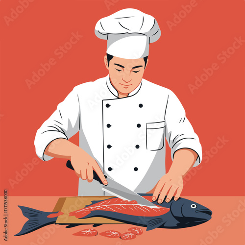 A chef in uniform expertly cuts a fish on a cutting board, against a solid coral backdrop