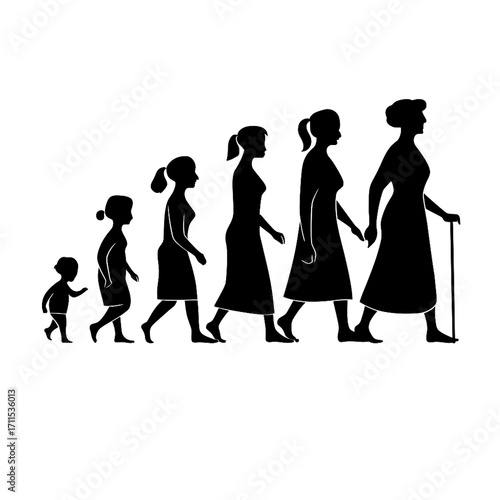 conceptual illustration depicting the evolution of a woman's life, from childhood to old age