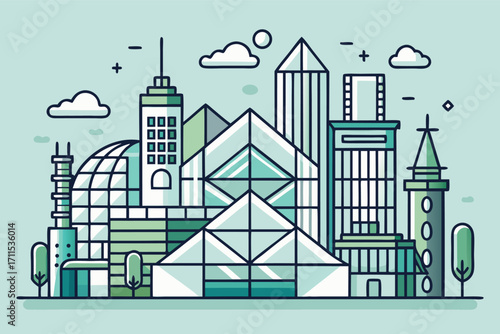 Modern city skyline with geometric buildings and clear skies at daytime