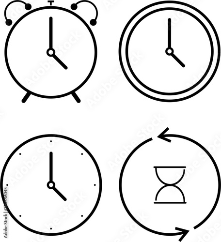 Clock Icons Collection Time Related Symbols in Black and White, Clock time flat icon, Vector