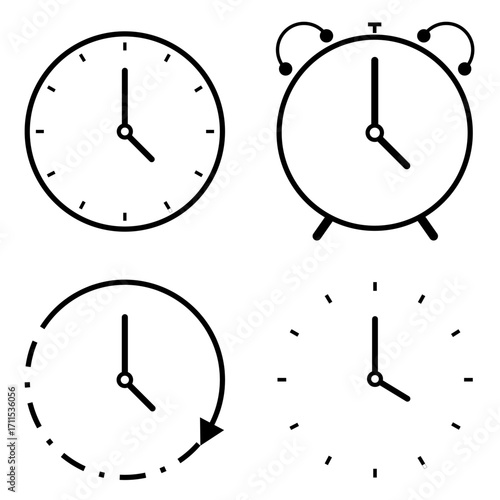 Clock Icons Collection Time Related Symbols in Black and White, Clock time flat icon, Vector