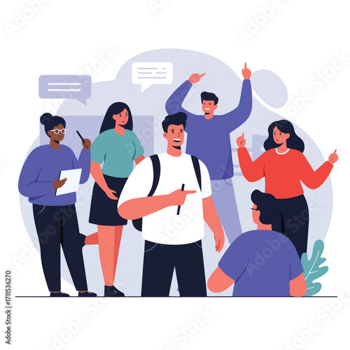 Illustrated group of diverse young adults discussing ideas and pointing in a light setting