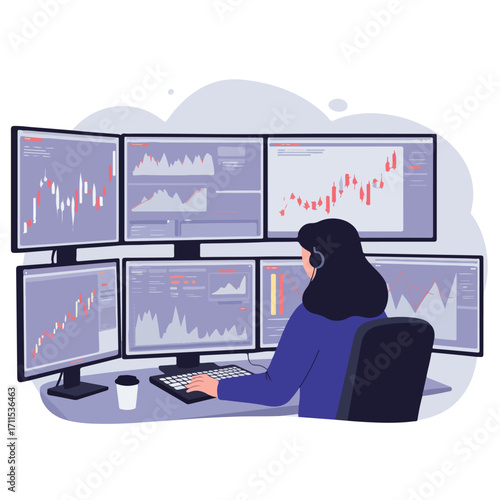 Analyst monitors stock market with multiple displays and headset while working at a desk
