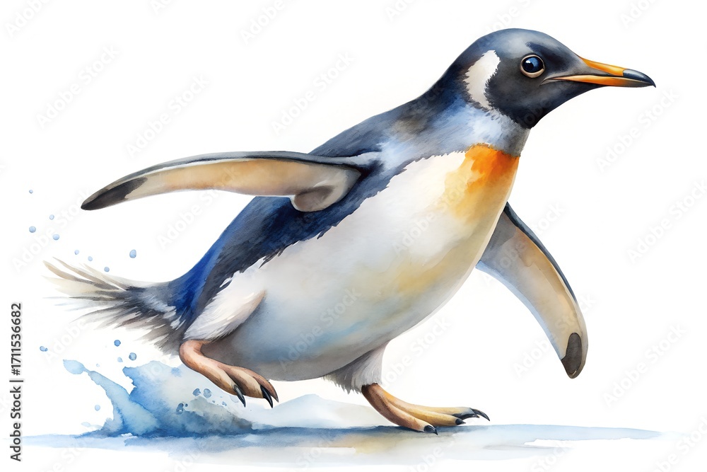 Fototapeta premium Watercolor Penguin Running with Water Splash Isolated on White Background Illustration