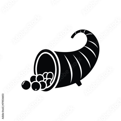 Black silhouette of a cornucopia filled with berries on white background