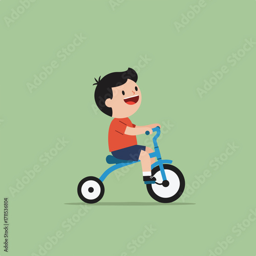 Cartoon illustration of a smiling young boy riding a blue tricycle on a light green background