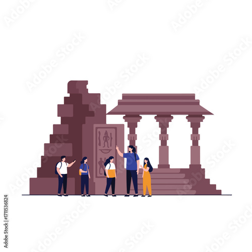 A group tour visits an ancient temple with dark red stonework and carvings, on a sunny day