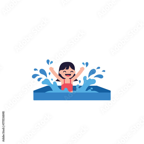 Cartoon illustration of a girl joyfully swimming in a pool with water splashing around