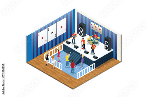 Isometric Music live, with indoor view of dancefloor stage and dancing people vector illustration