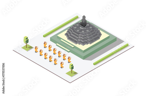Isometric illustration of Borobudur temple with Buddha praying, during the Vesak Day celebration, isolated white background 