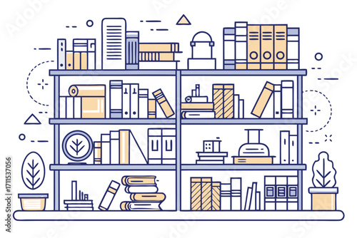 Bookshelf filled with various books and decorative items in a cozy setting